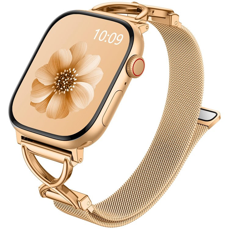 Watch Band For Apple Watch Series 10 Ultra 9 8 7 SE 6 5 4 3 2 1 46mm 49mm 45mm 44mm 42mm X-Shape Slim Magnetic Clasp Stainless Steel Strap - Gold