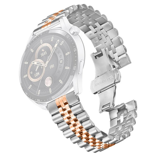 For Huawei Watch 4 Pro / Watch 4 Wrist Band 5-Bead Stainless Steel Butterfly Clasp Watch Strap - Silver+Rose Gold