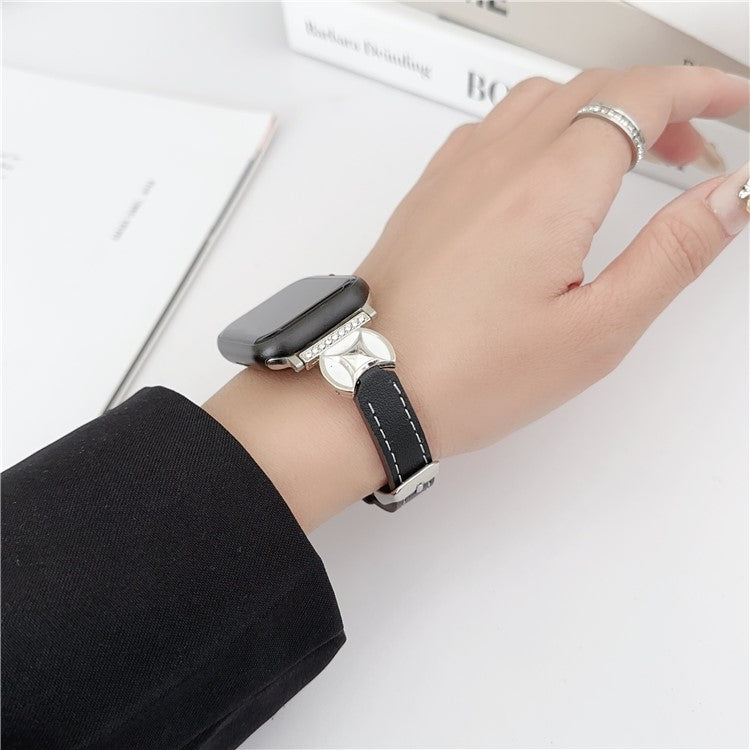 Watch Band For Apple Watch Series 10 9 8 7 SE 6 5 4 3 2 1 42mm 41mm 40mm 38mm Coin Shape Connector Genuine Cow Leather Strap - Black