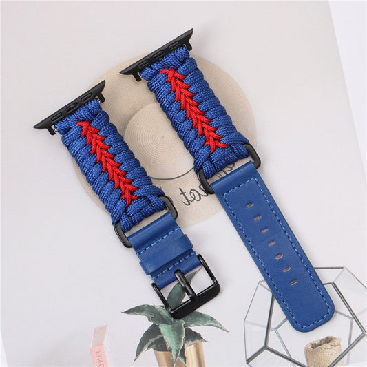 Watch Band for Apple Watch Series 10 Ultra 9 8 7 SE 6 5 4 3 2 1 46mm 49mm 45mm 44mm 42mm Leather + Braided Rope Wrist Strap - Blue