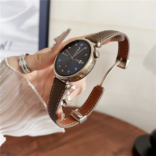For Huawei Watch GT 5 41mm Genuine Cow Leather Watch Band 18mm Replace Strap with Magnetic Clasp - Tan