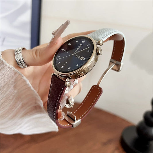 For Huawei Watch GT 5 41mm Genuine Cow Leather Watch Band 18mm Replace Strap with Magnetic Clasp - Blue+Wine Red