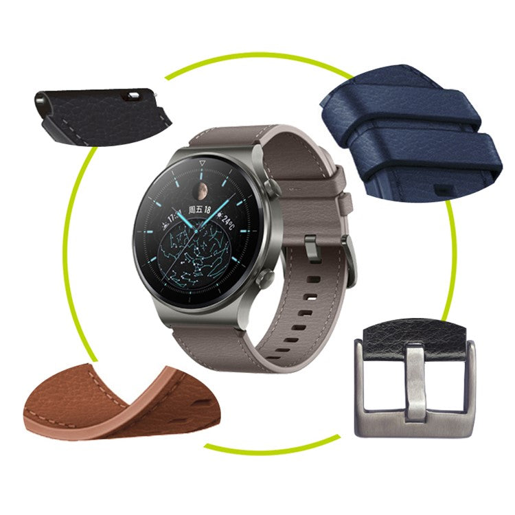 22mm Leather Smart Watch Band Replacement Adjustable Watch Strap for Huawei Watch GT 2 46mm/GT 2 Pro - Coffee