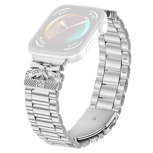 For Huawei Watch Fit 3 Replacement Strap Butterfly Rhinestones Decor Silver Stainless Steel Watch Band