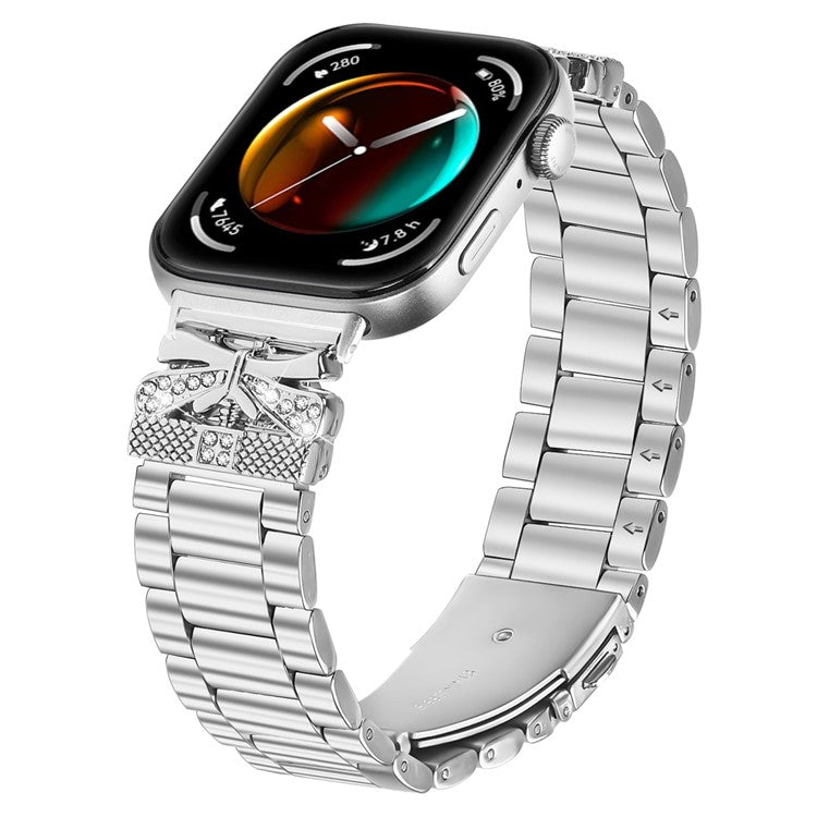 For Huawei Watch Fit 3 Replacement Strap Butterfly Rhinestones Decor Silver Stainless Steel Watch Band