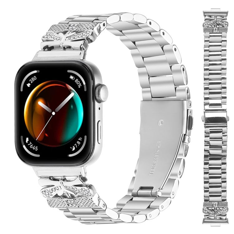 For Huawei Watch Fit 3 Replacement Strap Butterfly Rhinestones Decor Silver Stainless Steel Watch Band