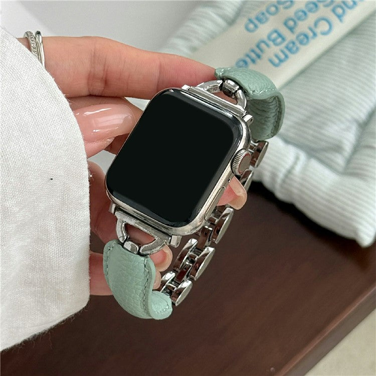 Watch Band For Apple Watch Series 10 9 8 7 SE 6 5 4 3 2 1 42mm 41mm 40mm 38mm D-Shaped Buckle Litchi Texture Leather Strap - Mint Green  /  Silver