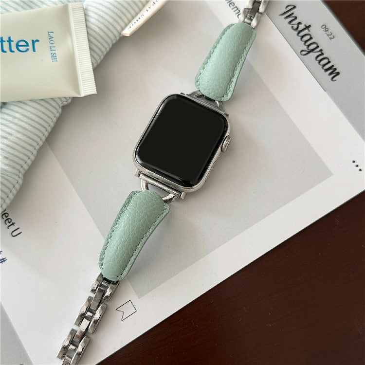 Watch Band For Apple Watch Series 10 9 8 7 SE 6 5 4 3 2 1 42mm 41mm 40mm 38mm D-Shaped Buckle Litchi Texture Leather Strap - Mint Green  /  Silver