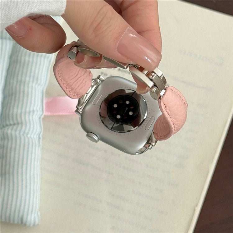 Watch Band For Apple Watch Series 10 Ultra 9 8 7 SE 6 5 4 3 2 1 46mm 49mm 45mm 44mm 42mm D-Shaped Buckle Leather Strap - Pink  /  Starlight