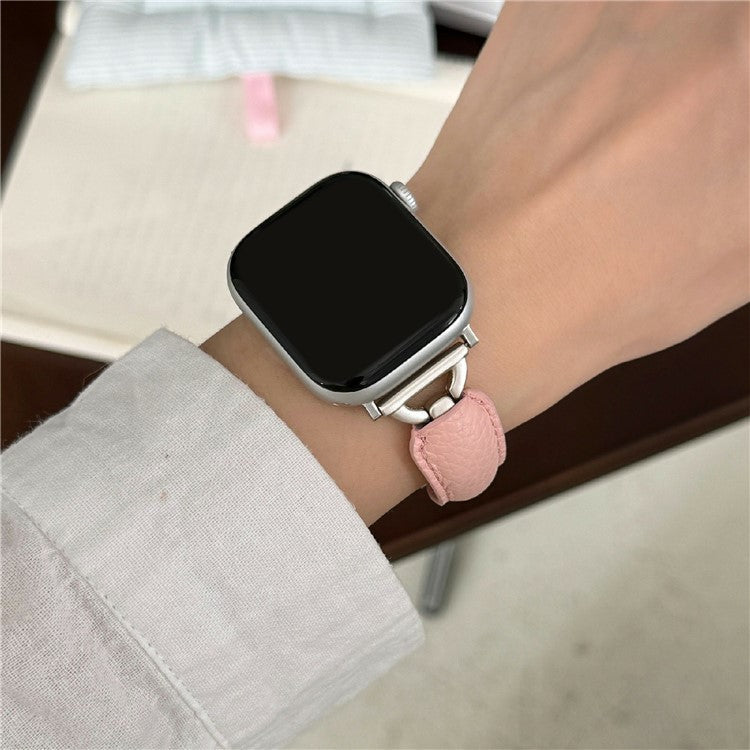 Watch Band For Apple Watch Series 10 Ultra 9 8 7 SE 6 5 4 3 2 1 46mm 49mm 45mm 44mm 42mm D-Shaped Buckle Leather Strap - Pink  /  Starlight