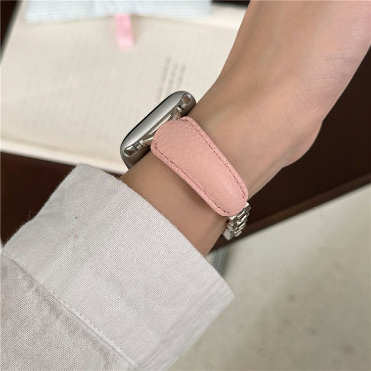 Watch Band For Apple Watch Series 10 Ultra 9 8 7 SE 6 5 4 3 2 1 46mm 49mm 45mm 44mm 42mm D-Shaped Buckle Leather Strap - Pink  /  Starlight