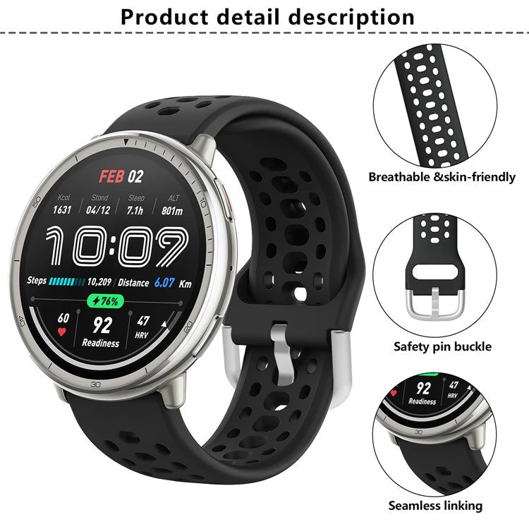 KALEBOL 20mm Strap for Samsung Galaxy Watch6 Classic 43mm 47mm / Watch6 40mm 44mm Multiple Holes Silicone Watch Band - Dark Grey
