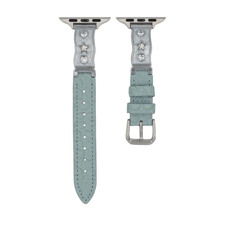 Watch Band for Apple Watch Series 10 Ultra 9 8 7 SE 6 5 4 3 2 1 46mm 49mm 45mm 44mm 42mm Zircon Decor Genuine Cow Leather Strap - Baby Blue