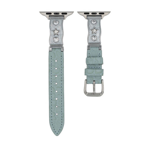 Watch Band for Apple Watch Series 10 Ultra 9 8 7 SE 6 5 4 3 2 1 46mm 49mm 45mm 44mm 42mm Zircon Decor Genuine Cow Leather Strap - Baby Blue