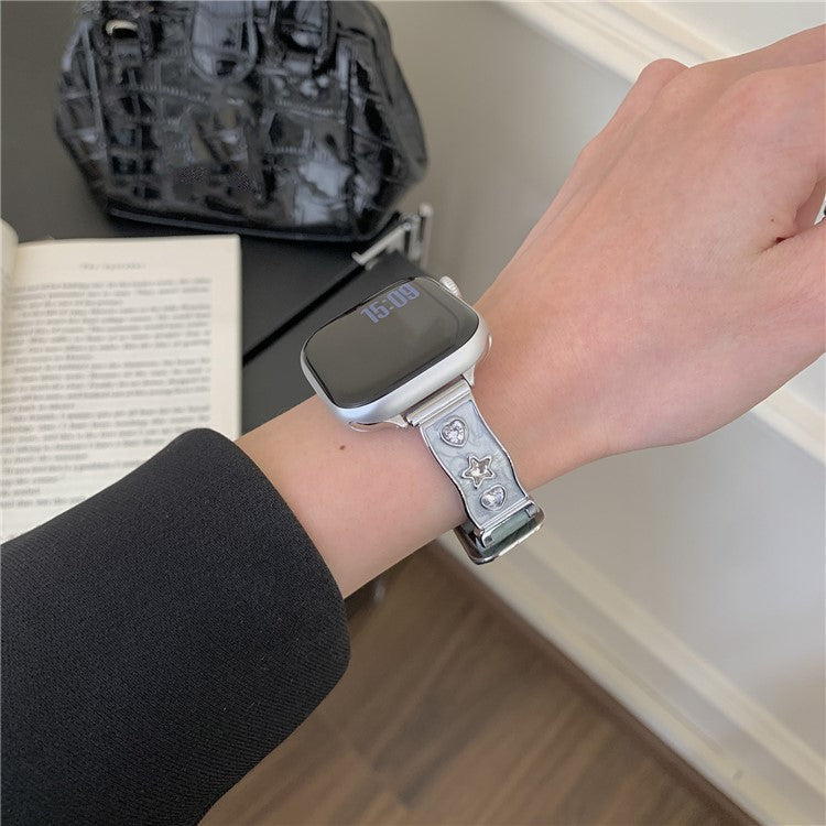 Watch Band for Apple Watch Series 10 Ultra 9 8 7 SE 6 5 4 3 2 1 46mm 49mm 45mm 44mm 42mm Zircon Decor Genuine Cow Leather Strap - Baby Blue