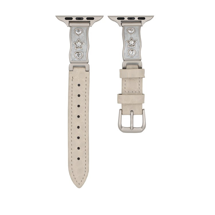 Watch Band for Apple Watch Series 10 Ultra 9 8 7 SE 6 5 4 3 2 1 46mm 49mm 45mm 44mm 42mm Zircon Decor Genuine Cow Leather Strap - White