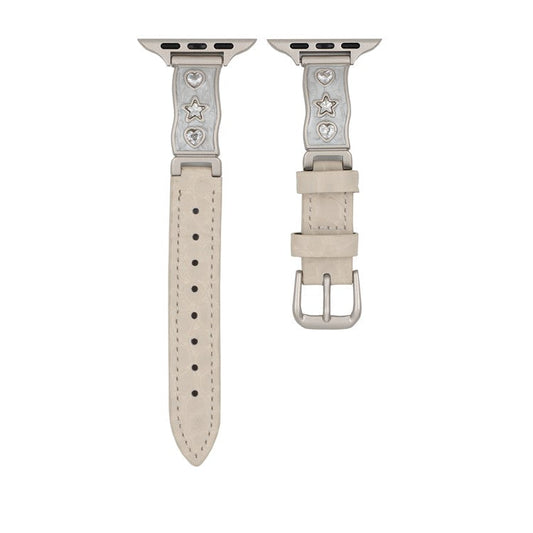 Watch Band for Apple Watch Series 10 Ultra 9 8 7 SE 6 5 4 3 2 1 46mm 49mm 45mm 44mm 42mm Zircon Decor Genuine Cow Leather Strap - White