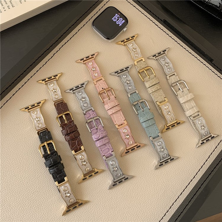 Watch Band for Apple Watch Series 10 Ultra 9 8 7 SE 6 5 4 3 2 1 46mm 49mm 45mm 44mm 42mm Zircon Decor Genuine Cow Leather Strap - White