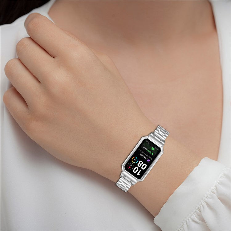 Metal Frame for Huawei Band 10 / 10 NFC / 9 / 9 NFC / 8 / 8 NFC Watch Case Integrated Three Bead Stainless Steel Strap - Gold