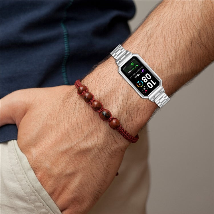 Metal Frame for Huawei Band 10 / 10 NFC / 9 / 9 NFC / 8 / 8 NFC Watch Case Integrated Three Bead Stainless Steel Strap - Gold