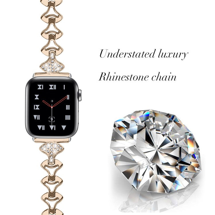 Aluminum Alloy Rhinestone Fan Shaped Bracelet Watch Strap Replacement for Apple Watch Ultra 49mm / Ultra 2 49mm / Series 9 45mm / SE (2023) 44mm / Series 8 / 7 45mm / Series 6 / 5 / 4 / SE / SE (2022) 44mm / Series 3 / 2 / 1 42mm - Champagne Gold