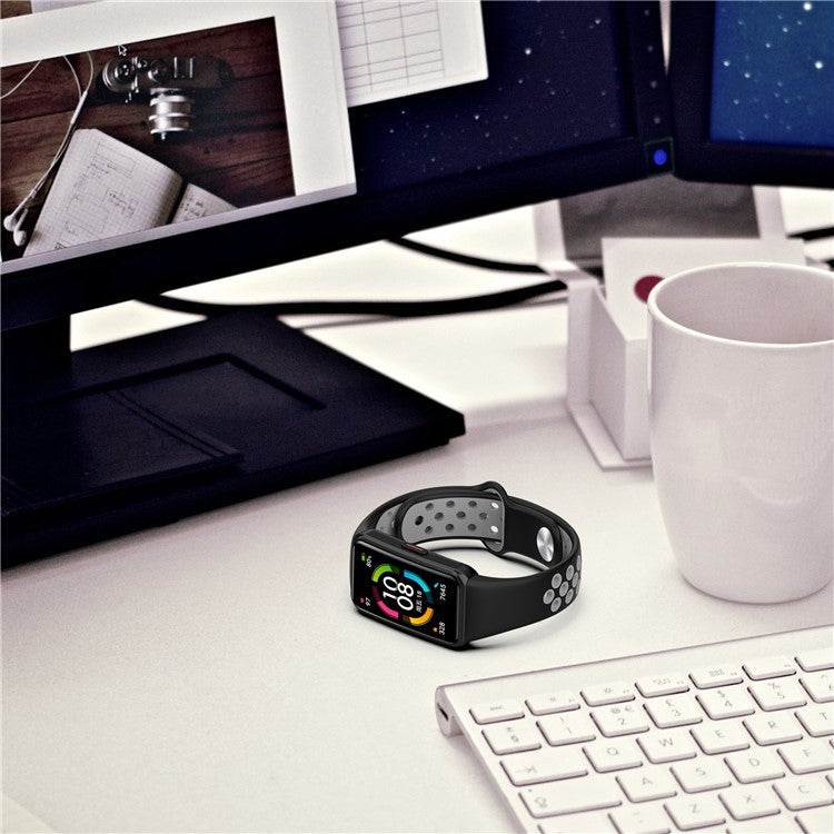 Dual Color Silicone Watch Band Wrist Strap for Huawei Band 6/Honor Band 6 - Cyan/White