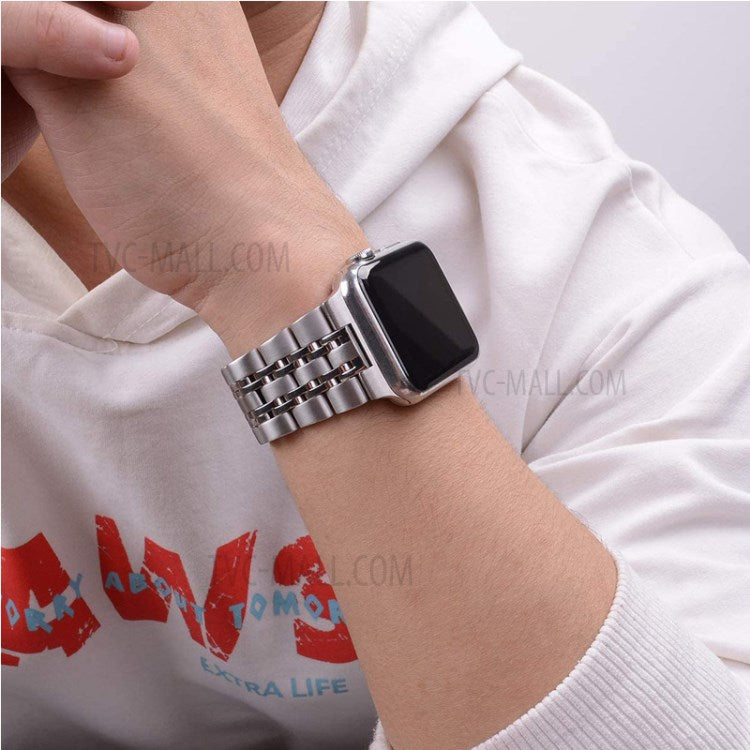 Metal Watch Band 7-Beads Stainless Steel Bracelet Strap Replacement for Apple Watch Series 10 42mm / 9 8 7 41mm / 6 5 4 SE SE (2022) SE (2023) 40mm / 3 2 1 38mm - Silver / Gold