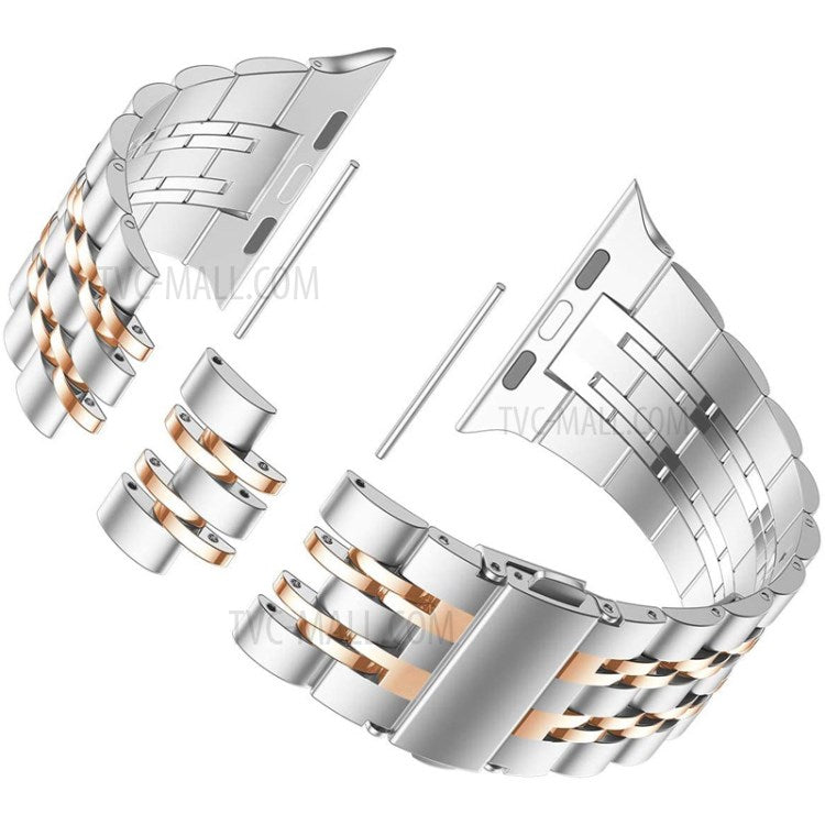 Solid Stainless Steel Watch Band 7-Beads Watch Strap Bracelet for Apple Watch Series 10 46mm / Ultra 2 Ultra 49mm / 9 8 7 45mm / SE (2023) SE (2022) SE 6 5 4 44mm / 3 2 1 42mm - Silver / Rose Gold
