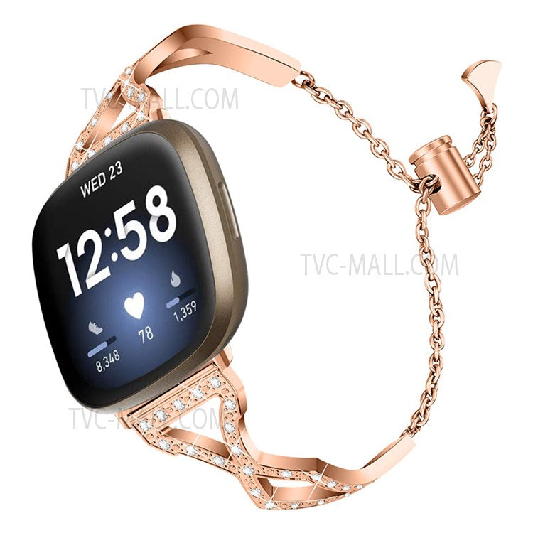 Hollow Out Rhinestone Decor 304 Stainless Steel Smart Watch Strap Women Slide Bracelet Wristband for Fitbit Versa 3/Fitbit Sense - Rose Gold