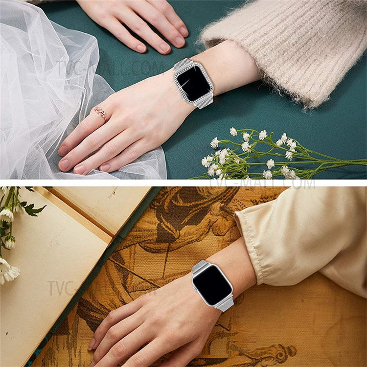 Stainless Steel Milanese Watch Strap with Rhinestone Watch Cover for Apple Watch Series 3 / 2 / 1 38mm - Silver