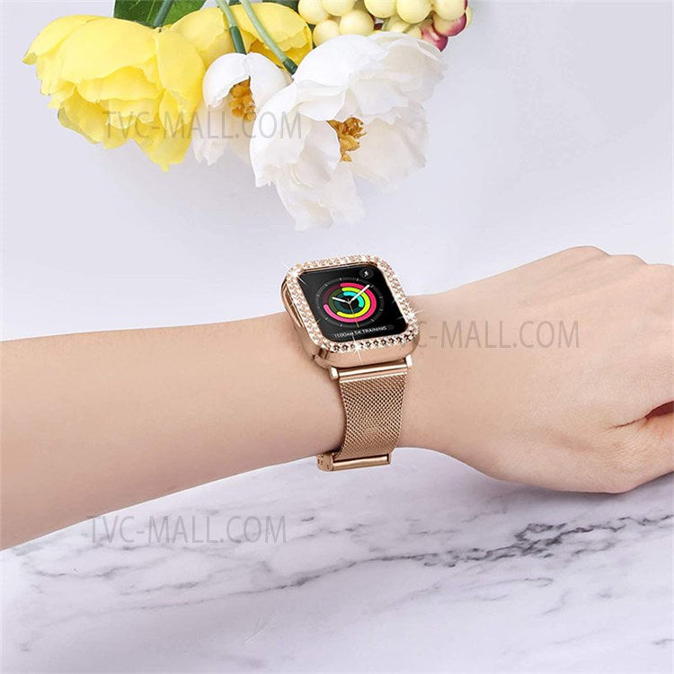 Stainless Steel Milanese Wristband Smart Watch Wrist Strap Replacement + Rhinestone Watch Protective Case for Apple Watch SE 40mm/Series 6/5/4 40mm - Rose Gold