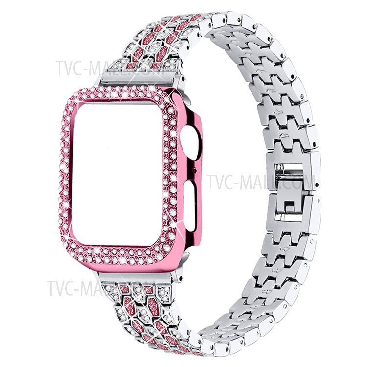 Luxury 3 Rows Rhinestone Decor 5 Beads Stainless Steel iWatch Watchband + PC Watch Case Protective Cover for Apple Watch Series 6 / 5 / 4 / SE 44mm / SE (2022) 44mm - Silver / Rose / Rose Pink