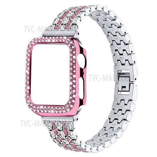 Luxury 3 Rows Rhinestone Decor 5 Beads Stainless Steel iWatch Watchband + PC Watch Case Protective Cover for Apple Watch Series 6 / 5 / 4 / SE 44mm / SE (2022) 44mm - Silver / Rose / Rose Pink