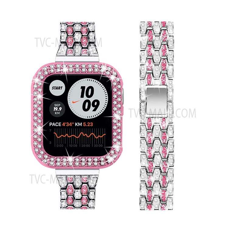 Luxury 3 Rows Rhinestone Decor 5 Beads Stainless Steel iWatch Watchband + PC Watch Case Protective Cover for Apple Watch Series 6 / 5 / 4 / SE 44mm / SE (2022) 44mm - Silver / Rose / Rose Pink