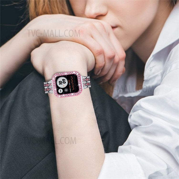 Luxury 3 Rows Rhinestone Decor 5 Beads Stainless Steel iWatch Watchband + PC Watch Case Protective Cover for Apple Watch Series 6 / 5 / 4 / SE 44mm / SE (2022) 44mm - Silver / Rose / Rose Pink