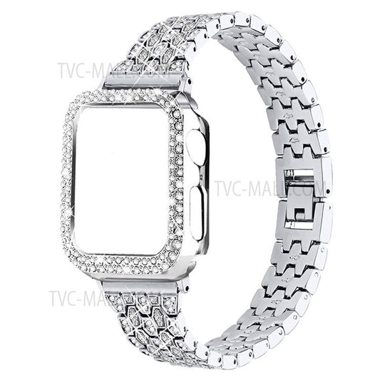 Five Beads Metal Watch Strap + Protective Case Rhinestone Decor Anti-Scratch Replacement for Apple Watch Series 7 45mm - Silver/Transparent/Transparent