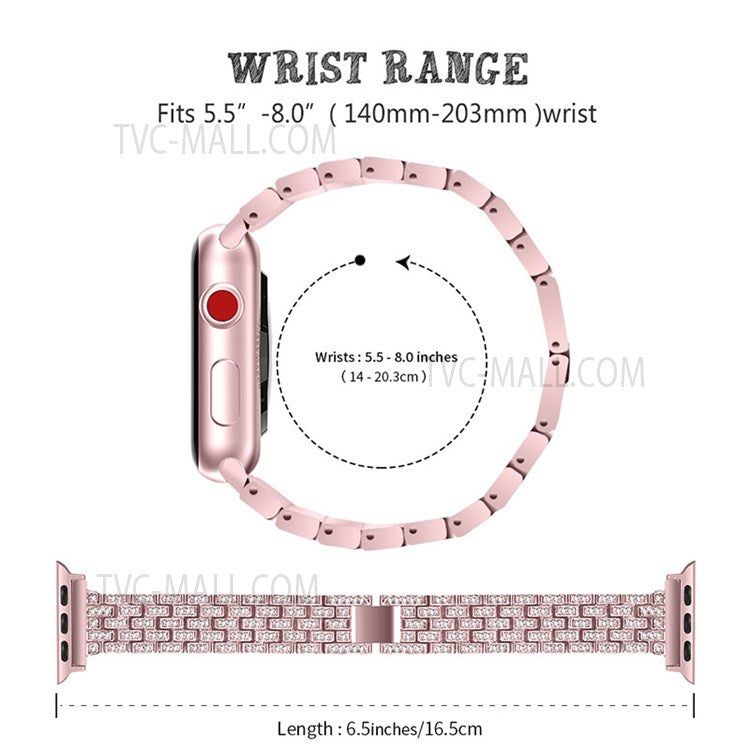 5 Beads Rhinestone Decor Stainless Steel Watch Strap + PC Watch Case Protective Cover for Apple Watch Series 7 45mm - Rose Pink