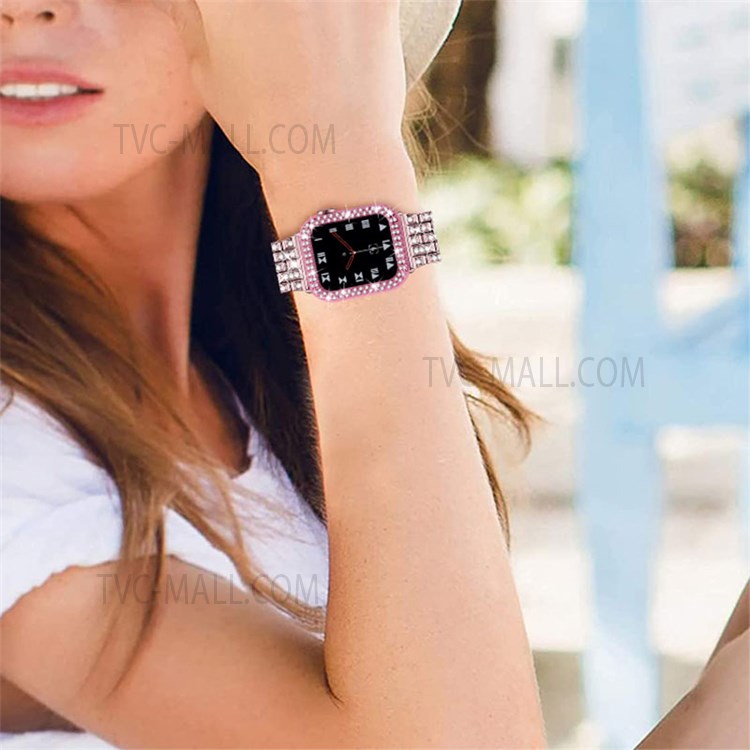 5 Beads Rhinestone Decor Stainless Steel Watch Strap + PC Watch Case Protective Cover for Apple Watch Series 7 45mm - Rose Pink