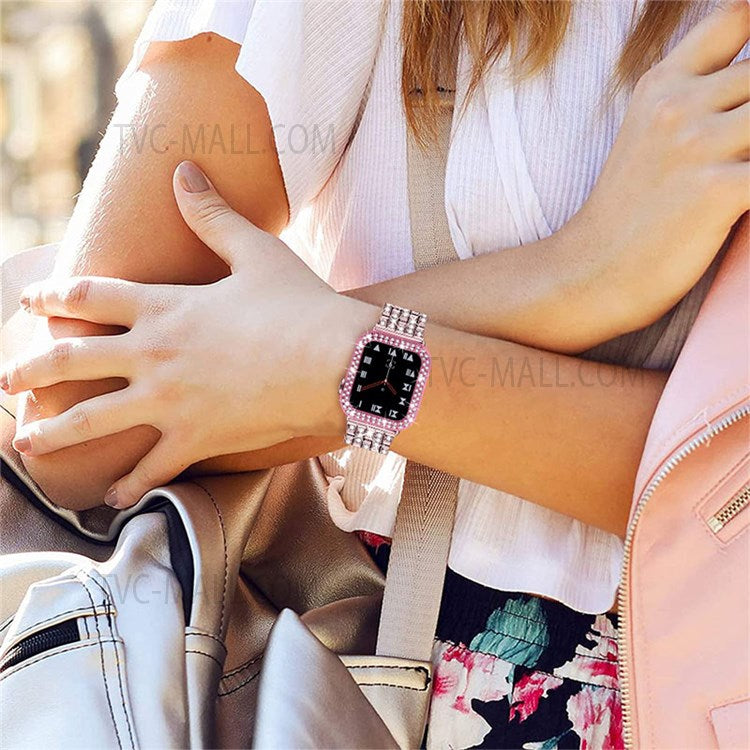 5 Beads Rhinestone Decor Stainless Steel Watch Strap + PC Watch Case Protective Cover for Apple Watch Series 7 45mm - Rose Pink