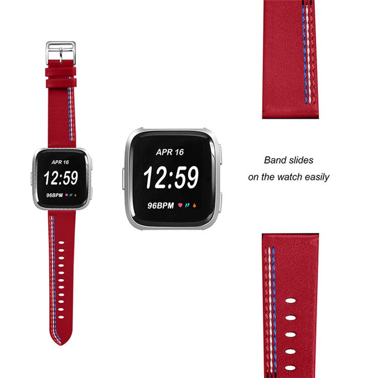 Top Layer Cowhide Leather Stitching Design Wrist Band Watch Strap for Fitbit Versa 2 / Versa / Versa Lite / Versa SE - Red