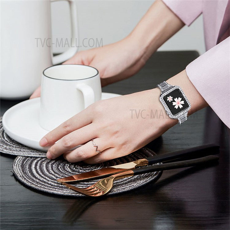 Stainless Steel 7 Beads Smart Watch Band Strap + Rhinestone Decor Watch Case Cover for Apple Watch Series 3/2/1 42mm - Silver