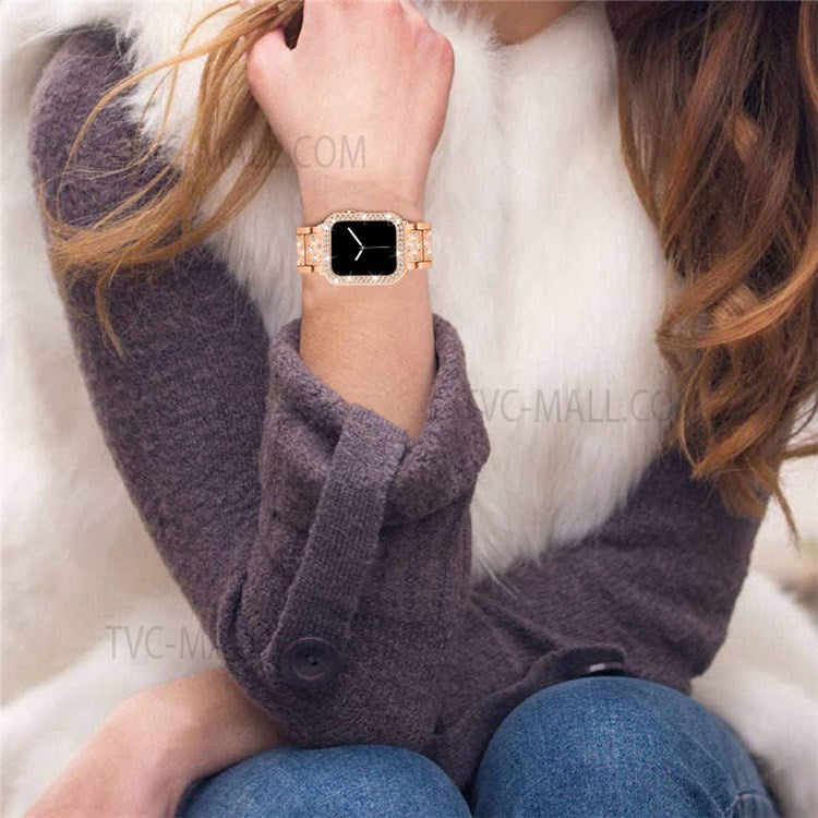 3 Beads Rhinestone Decor Stainless Steel Watch Strap + Double Row Rhinestone PC Drop-proof Watch Case Cover for Apple Watch Series 1/2/3 42mm - Rose Gold