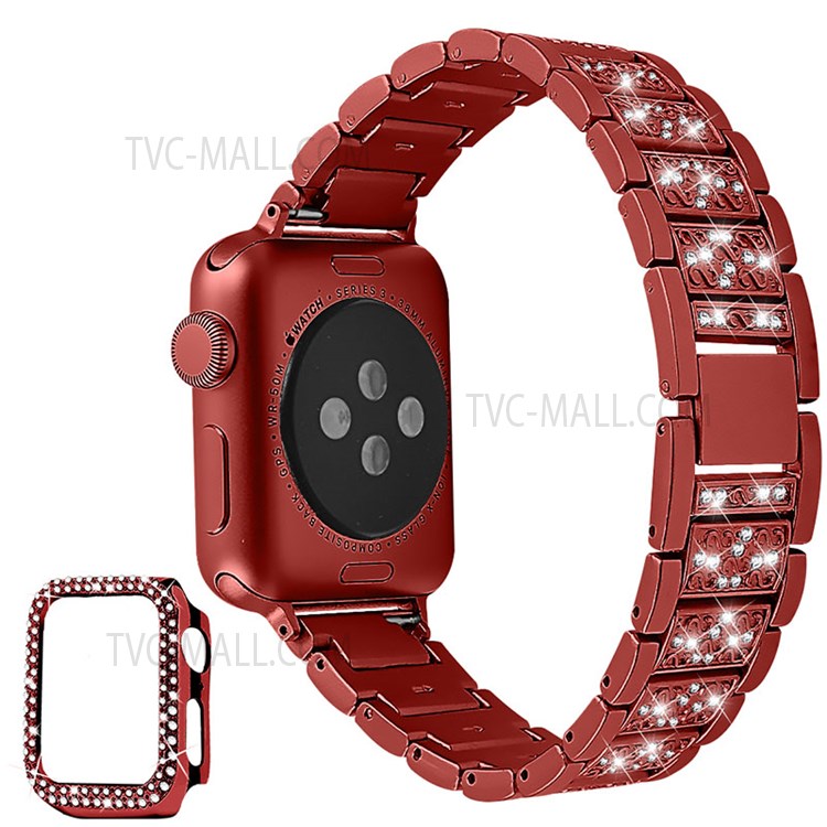Rhinestone Decor 3 Beads Replacement Watch Strap + Anti-Scratch Double Row Rhinestone PC Watch Case Cover for Apple Watch Series 7 41mm - Red