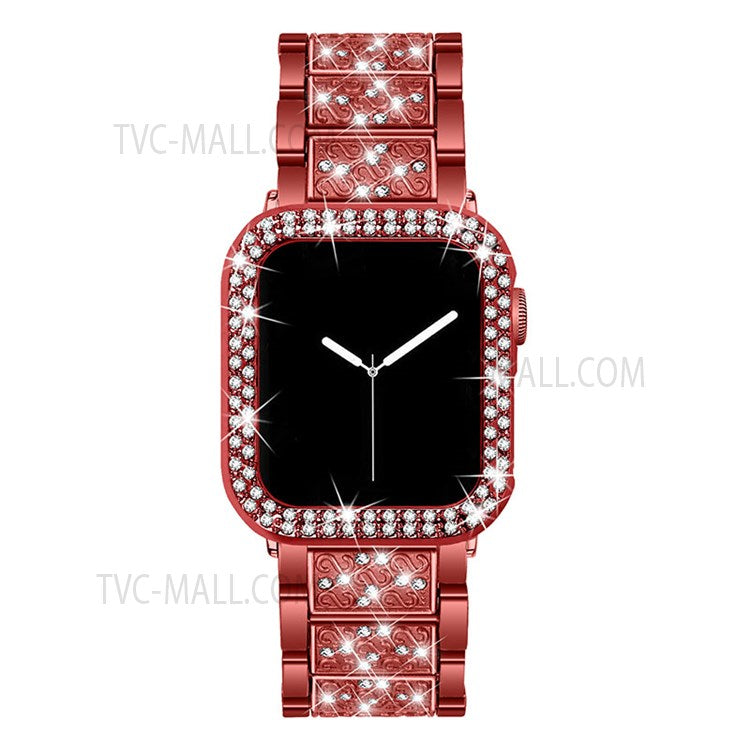 Rhinestone Decor 3 Beads Replacement Watch Strap + Anti-Scratch Double Row Rhinestone PC Watch Case Cover for Apple Watch Series 7 41mm - Red