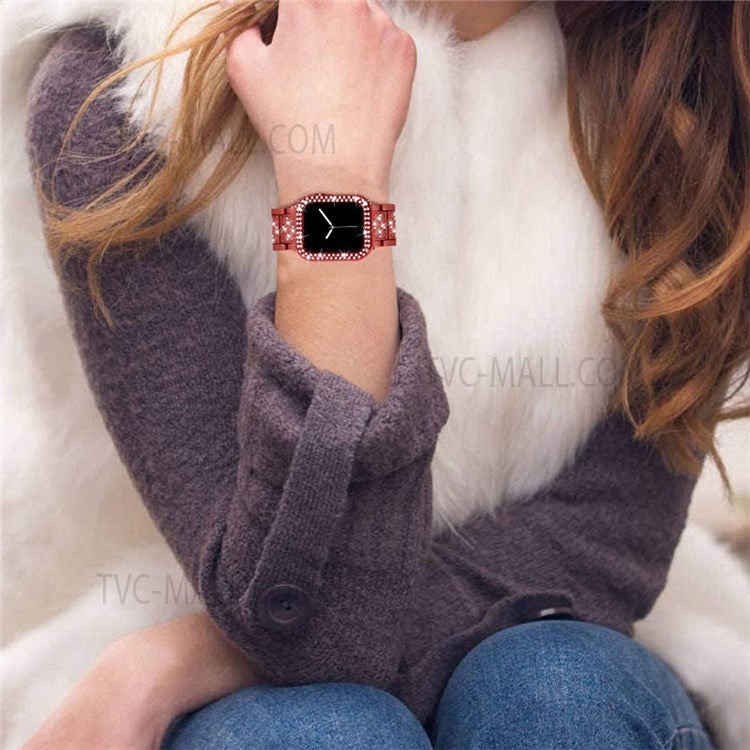 Rhinestone Decor 3 Beads Replacement Watch Strap + Anti-Scratch Double Row Rhinestone PC Watch Case Cover for Apple Watch Series 7 41mm - Red