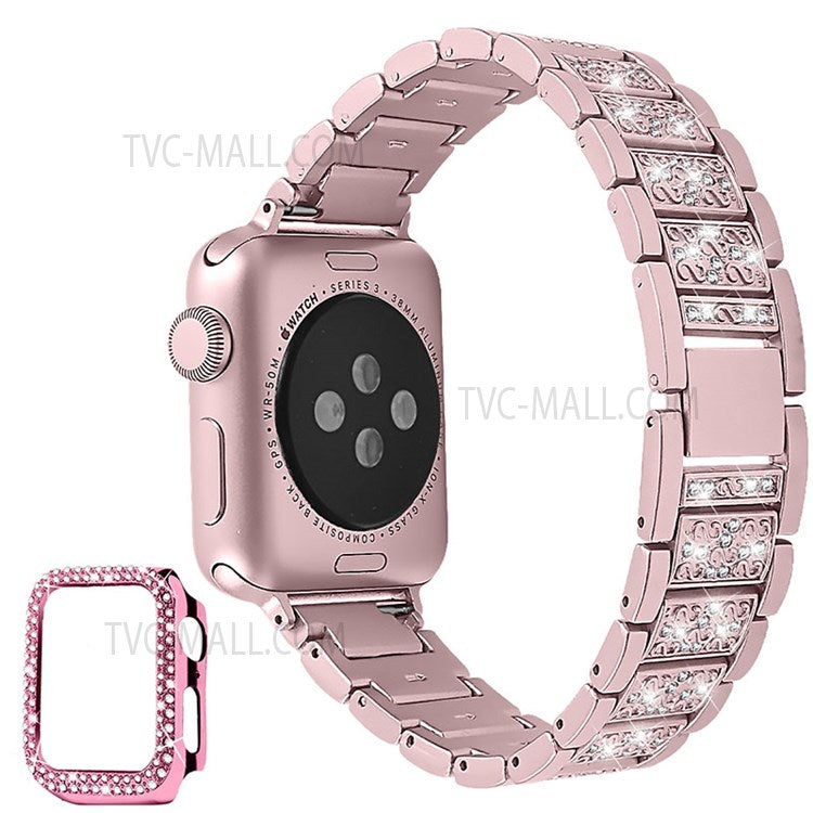 3 Beads Rhinestone Decor Replacement Watch Strap + Anti-Drop Double Row Rhinestone PC Watch Case Cover for Apple Watch Series 1 / 2 / 3 38mm - Rose Pink