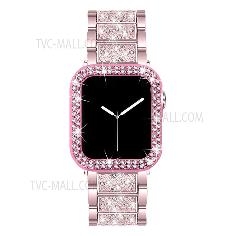 3 Beads Rhinestone Decor Replacement Watch Strap + Anti-Drop Double Row Rhinestone PC Watch Case Cover for Apple Watch Series 1 / 2 / 3 38mm - Rose Pink