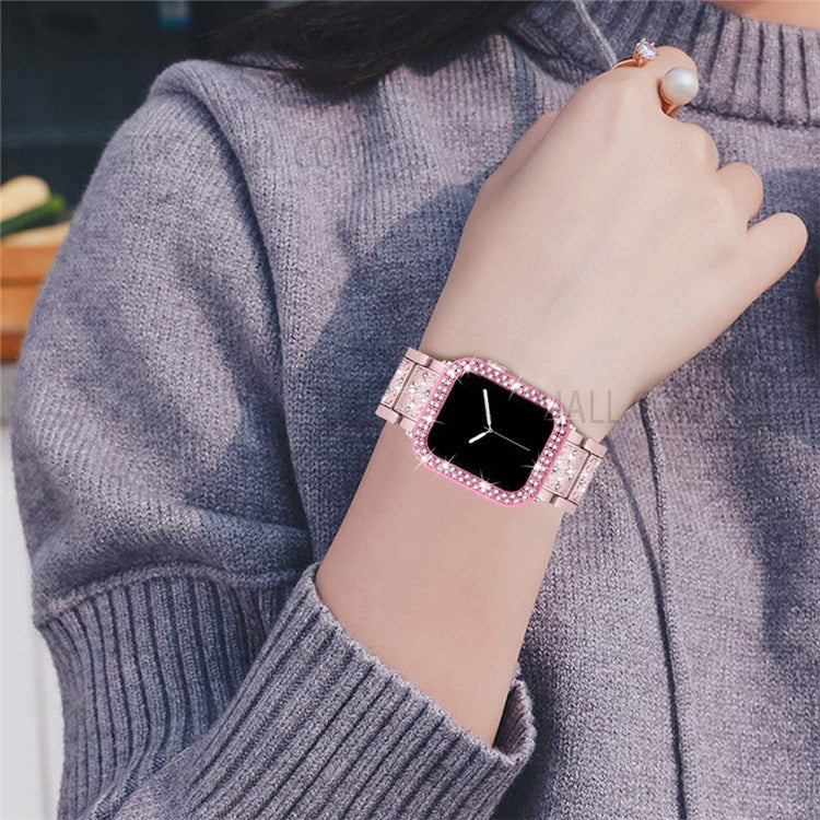 3 Beads Rhinestone Decor Replacement Watch Strap + Anti-Drop Double Row Rhinestone PC Watch Case Cover for Apple Watch Series 1 / 2 / 3 38mm - Rose Pink