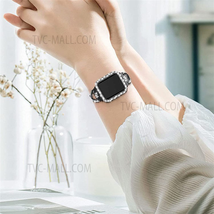 X-shape Metal Watchband + Rhinestone Decor Protective Case Scratch Resistant Replacement Watch Strap for Apple Watch Series 7 41mm - Black