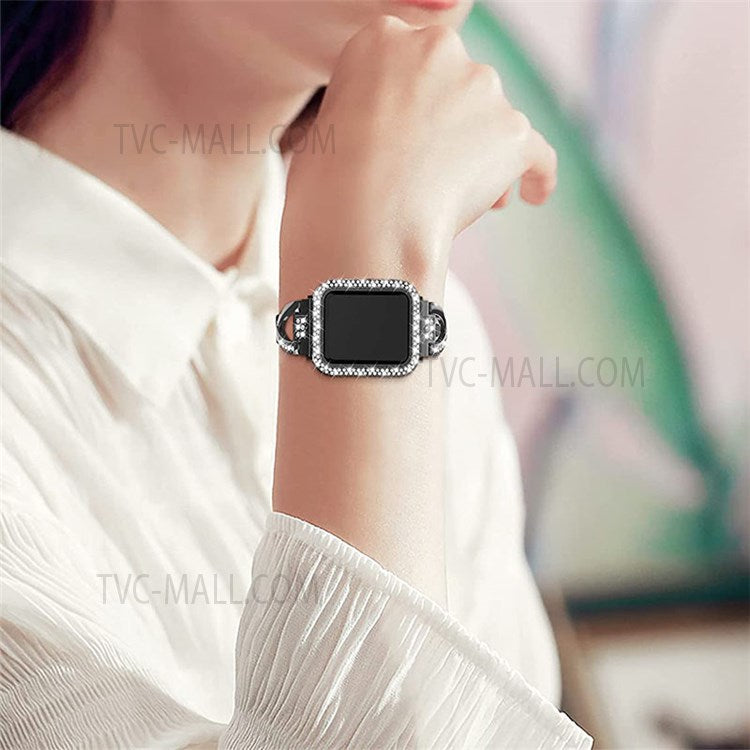 X-shape Metal Watchband + Rhinestone Decor Protective Case Scratch Resistant Replacement Watch Strap for Apple Watch Series 7 41mm - Black